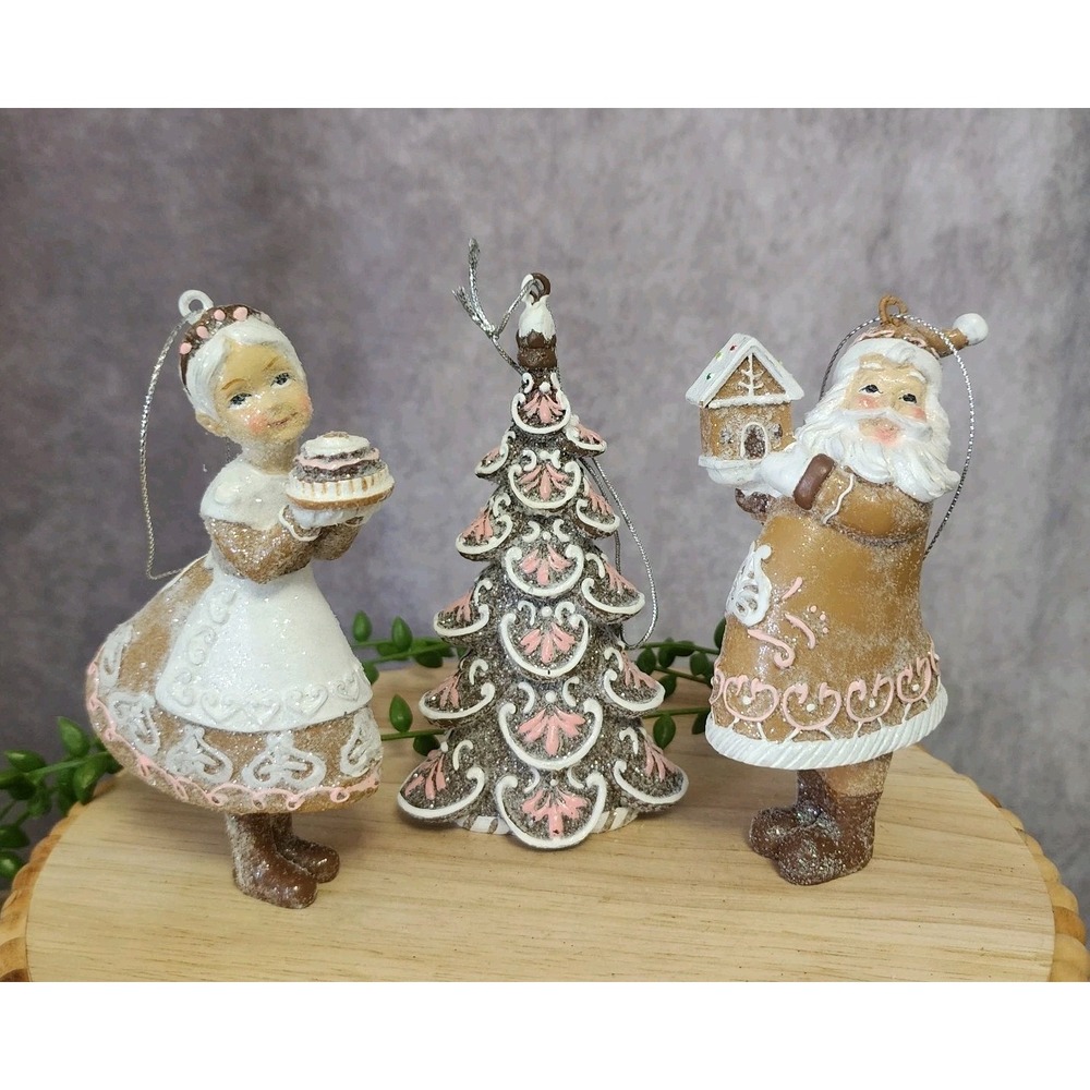 Gingerbread Santa Mrs Claus & Christmas Tree Ornament Peppermint Place 3 Pc NEW
